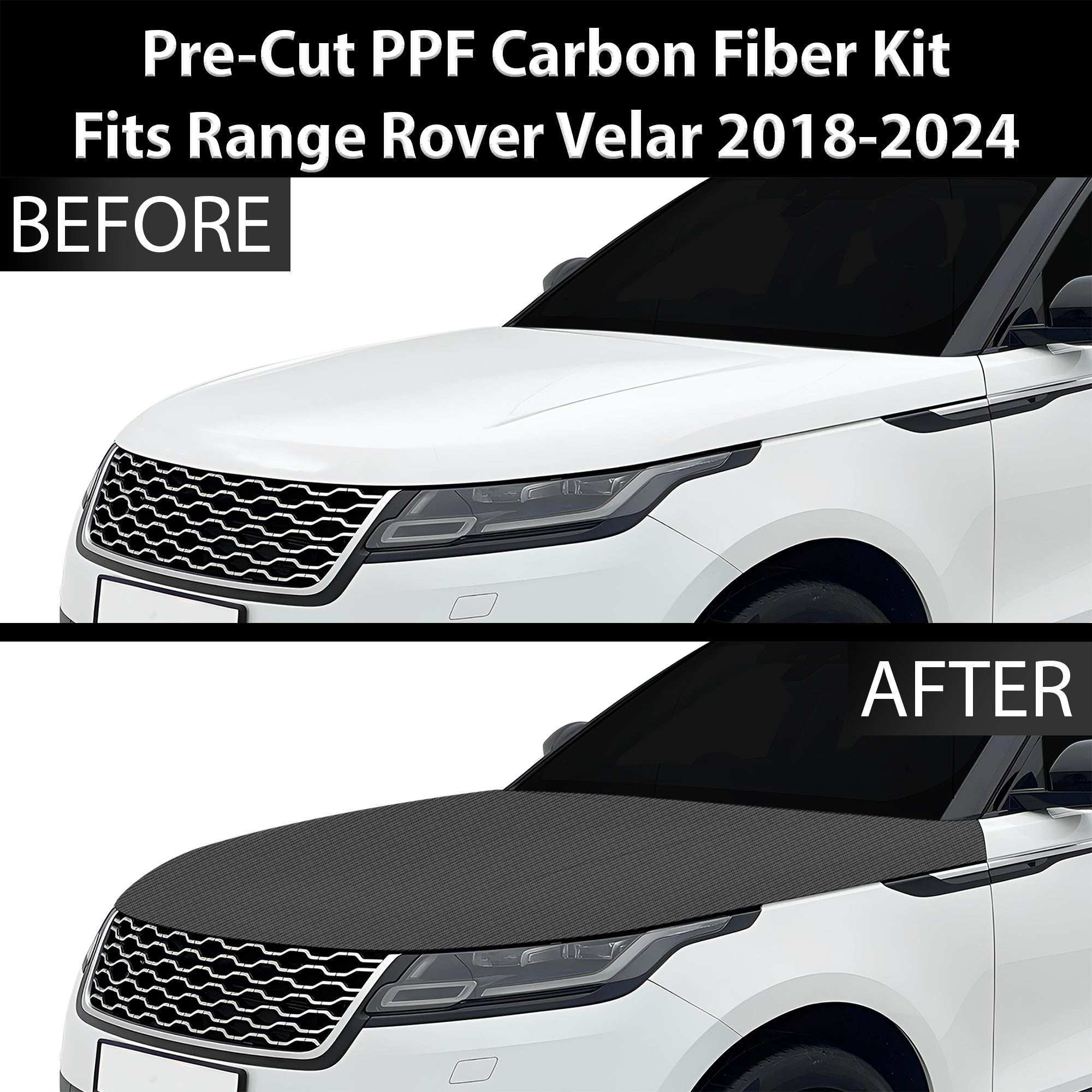 Fits Land Rover Range Rover Velar 2018+ Precut Premium Gloss Black Carbon Fiber Hood Paint Protection Film PPF Decal Film Kit Cover - 0