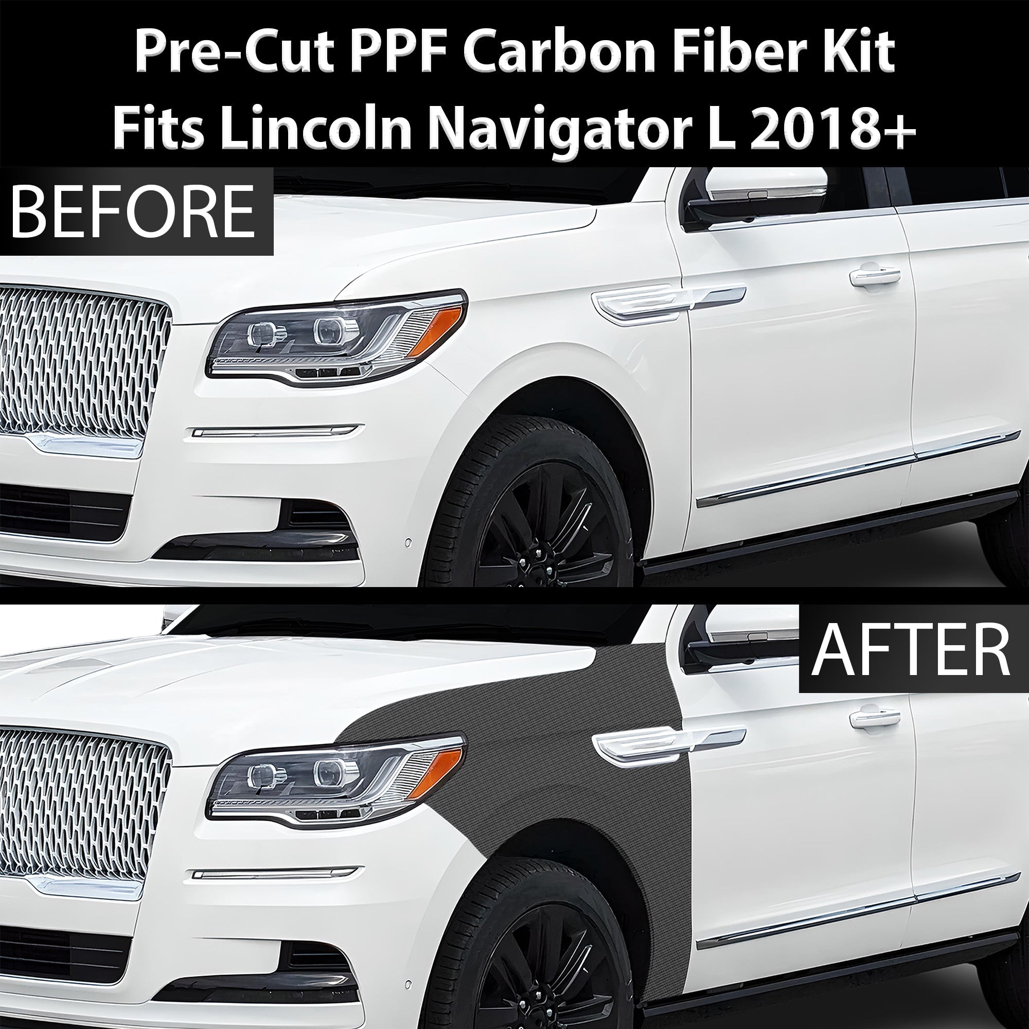 Fits Lincoln Navigator L 2018-2024 Precut Premium Gloss Black Carbon Fiber Fender Paint Protection Film PPF Decal Film Kit - 0