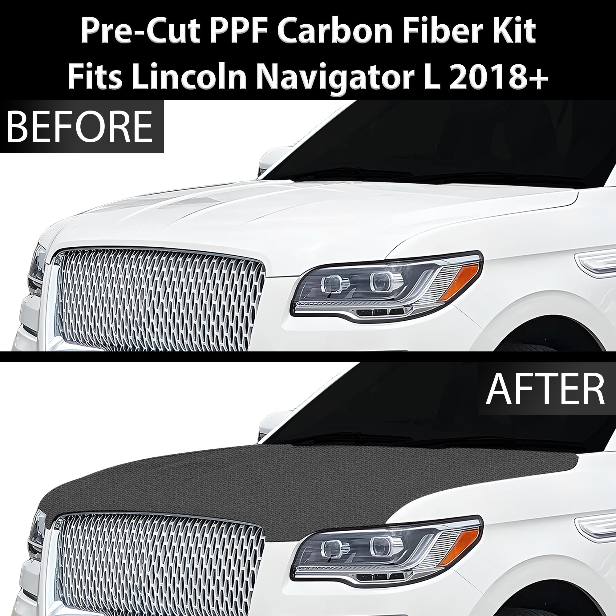 Fits Lincoln Navigator L 2018-2024 Precut Premium Gloss Black Carbon Fiber Hood Paint Protection Film PPF Decal Film Kit - 0