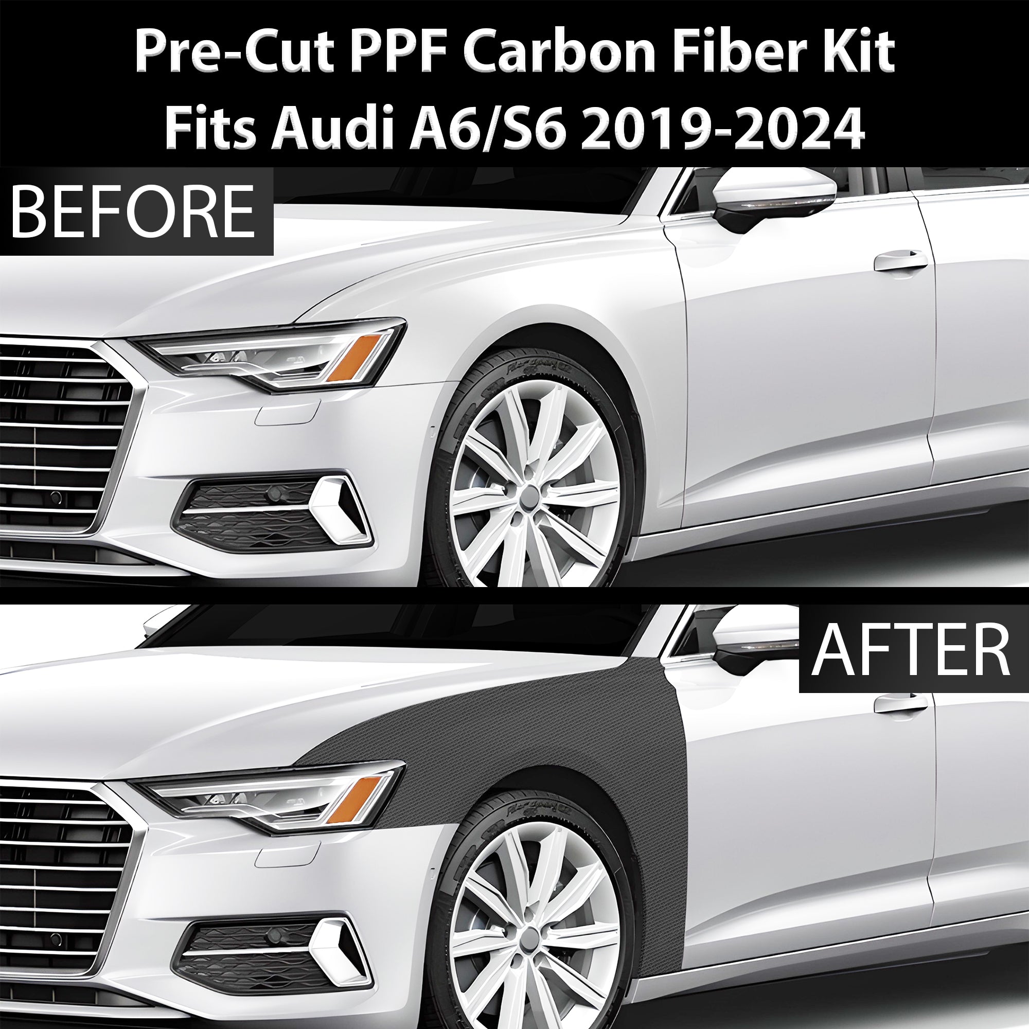 Fits Audi A6 S6 2019+ Precut Premium Gloss Black Carbon Fiber Fender Paint Protection Film PPF Decal Film Kit Cover - 0