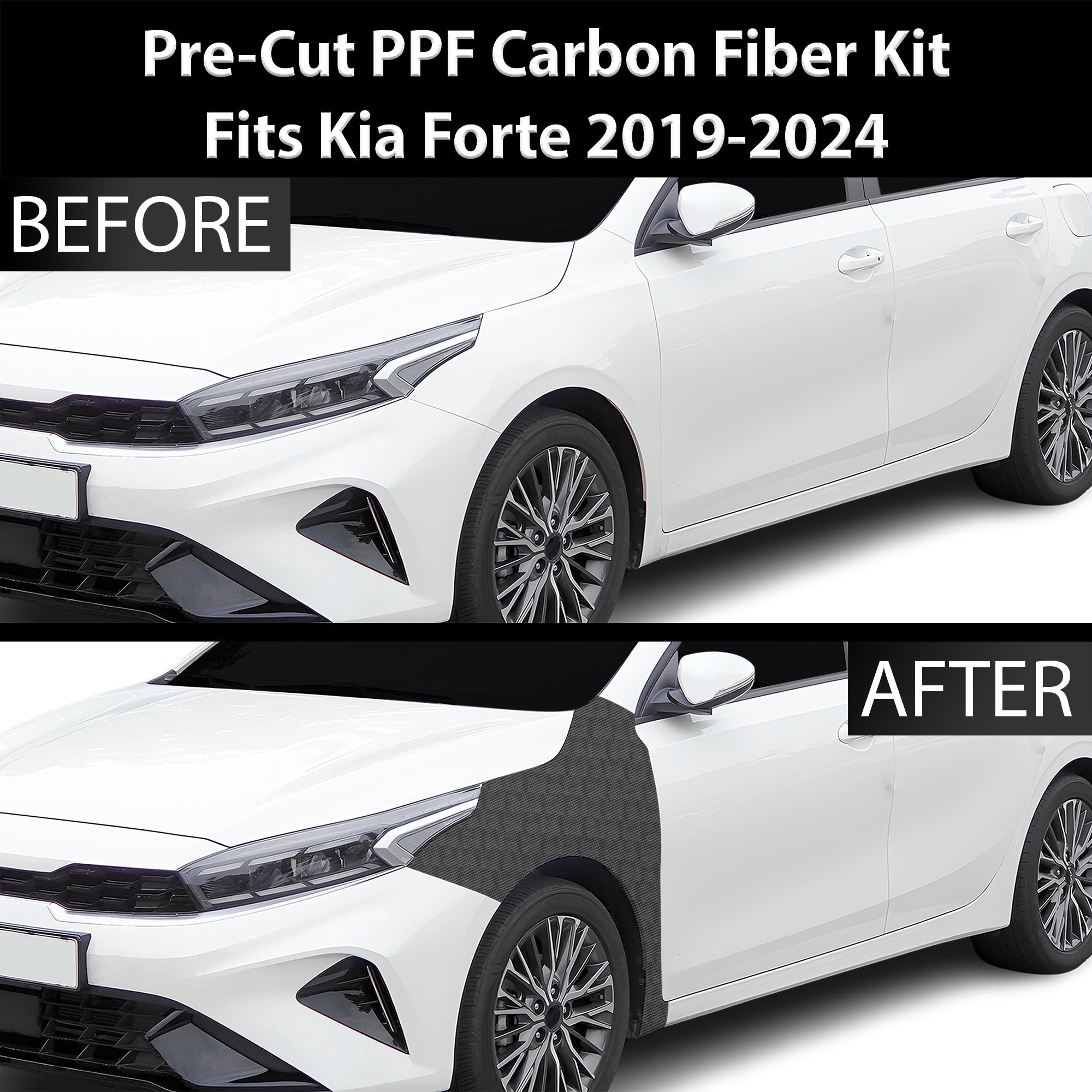 Fits KIA Forte 2019-2024 Precut Premium Gloss Black Carbon Fiber Fender Paint Protection Film PPF Decal Film Kit Coverage - 0