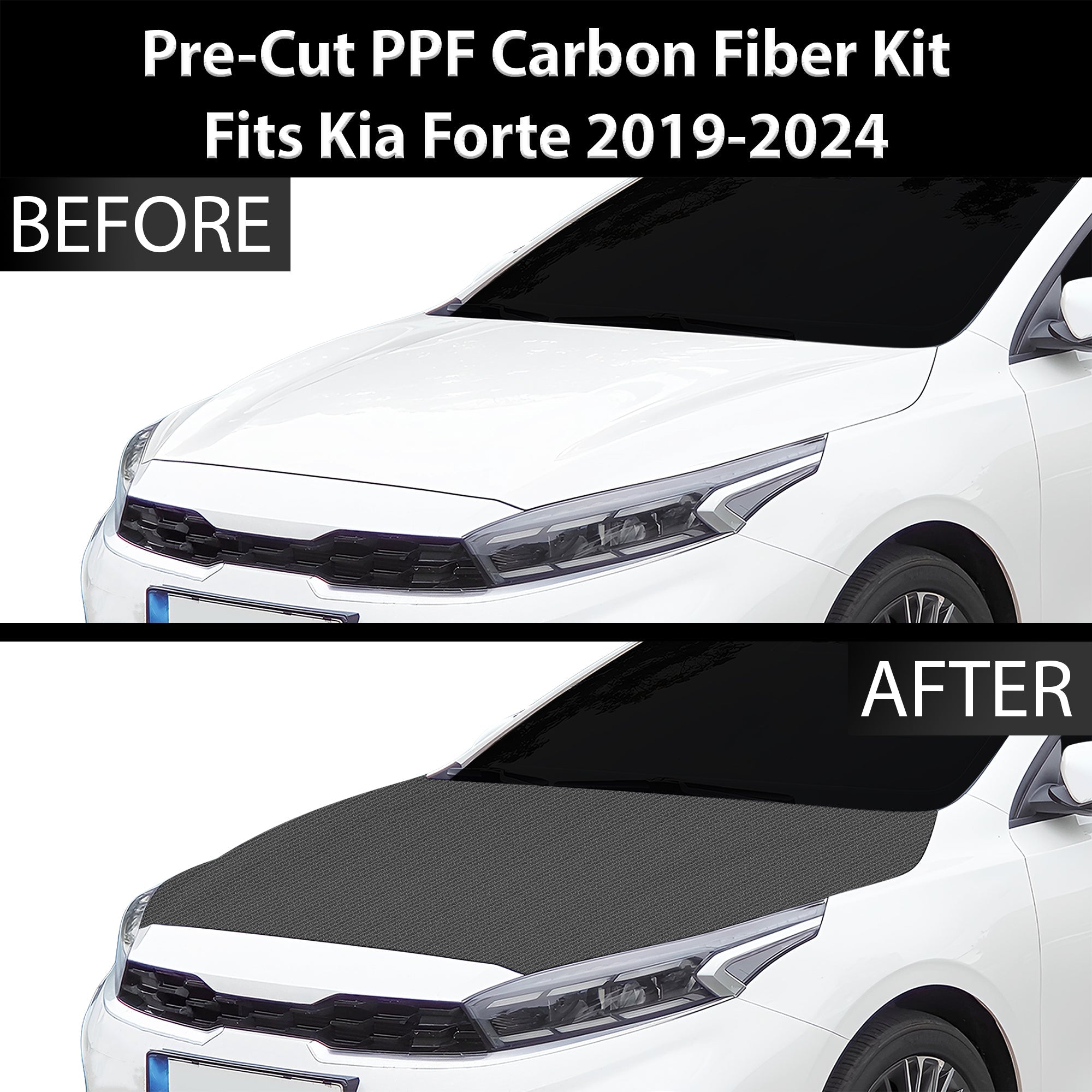 Fits KIA Forte 2019-2024 Precut Premium Gloss Black Carbon Fiber Hood Paint Protection Film PPF Decal Film Kit Coverage - 0