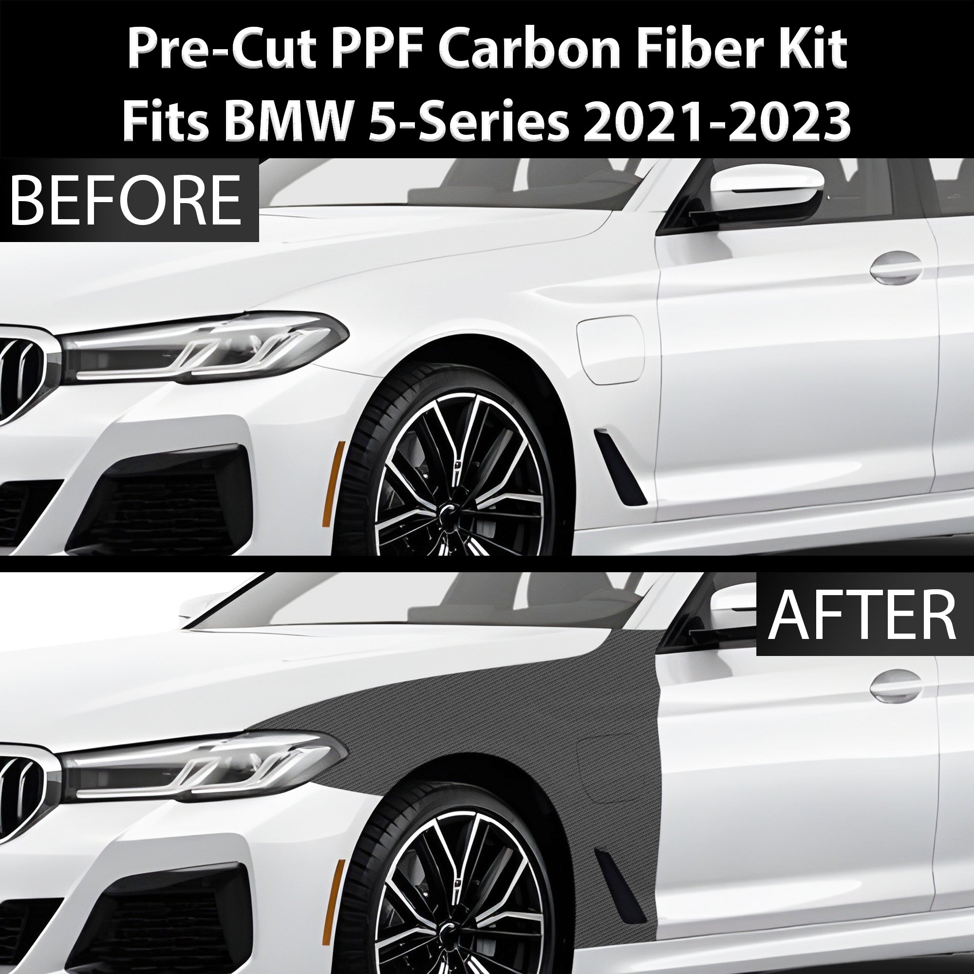 Fits BMW 5 Series 2021-2023 Precut Premium Gloss Black Carbon Fiber Fender Paint Protection Film PPF Decal Film Kit - 0