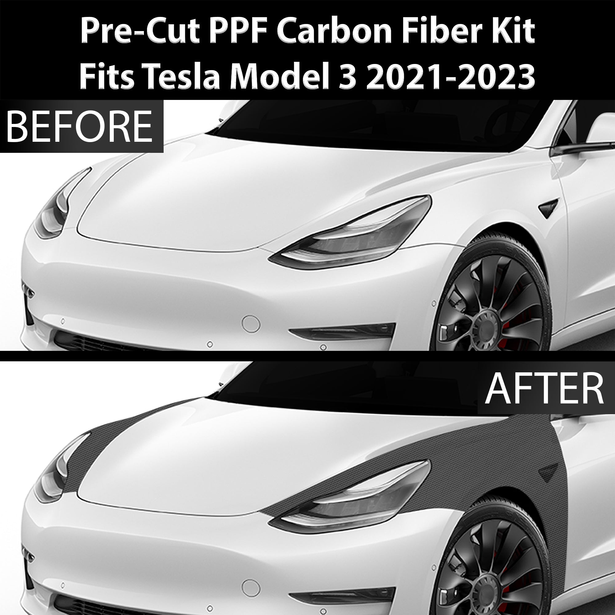 Fits Tesla Model 3 2017-2023 Precut Premium Gloss Black Carbon Fiber Fender Paint Protection Film PPF Decal Film Kit Cover - 0