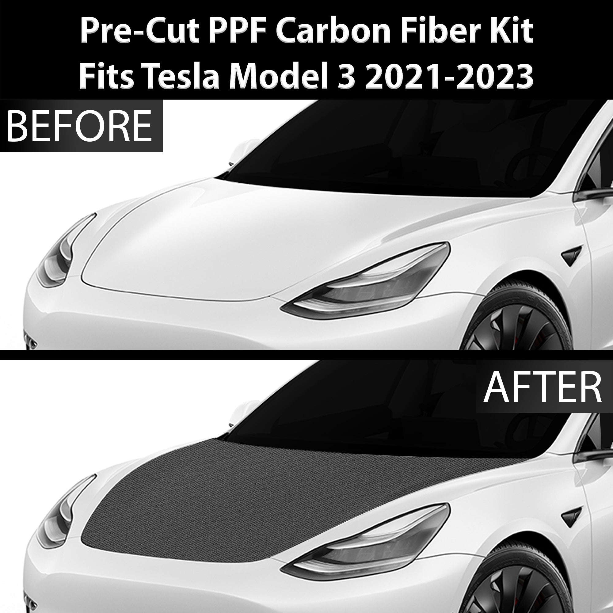 Fits Tesla Model 3 2017-2023 Precut Premium Gloss Black Carbon Fiber Hood Paint Protection Film PPF Decal Film Kit Cover - 0