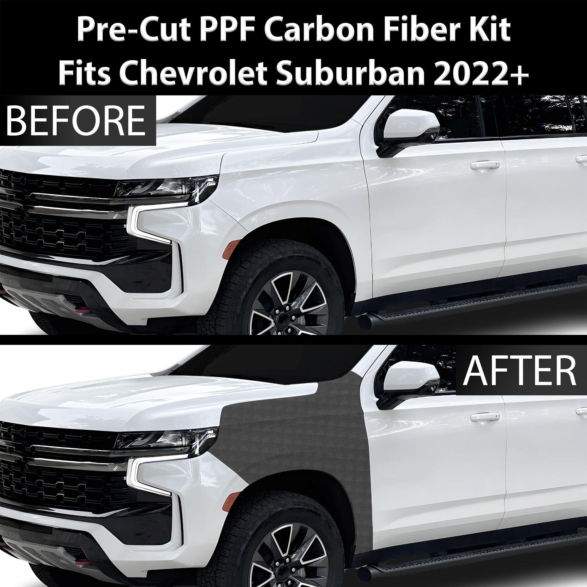 Fits Chevrolet Suburban 2021-2024 Precut Premium Gloss Black Carbon Fiber Fender Paint Protection Film PPF Decal Film Kit - 0
