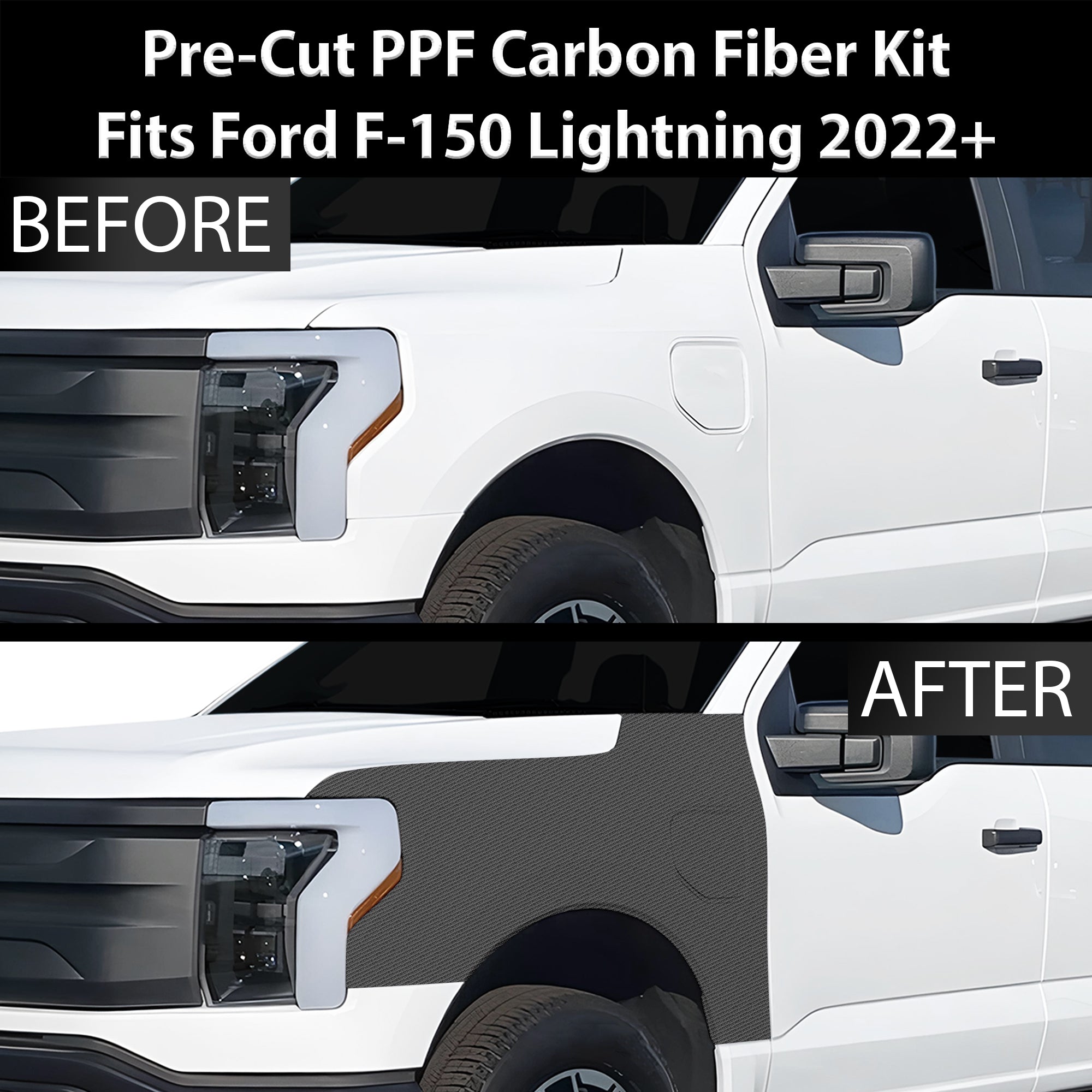 Fits Ford F-150 Lightning 2022+ Precut Premium Gloss Black Carbon Fiber Fender Paint Protection Film PPF Decal Film Kit Cover - 0