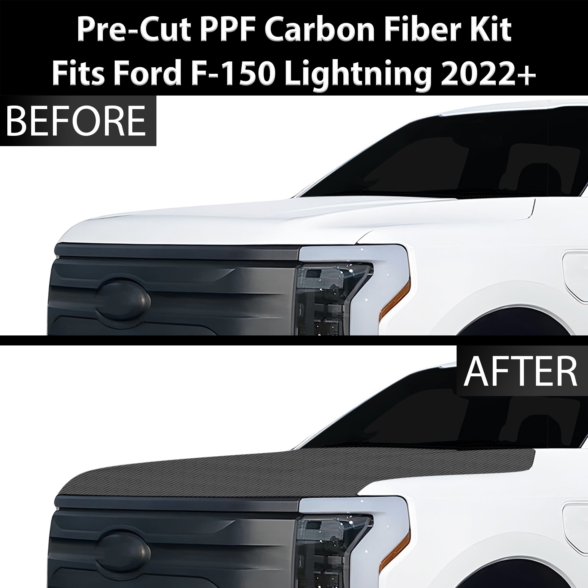 Fits Ford F-150 Lightning 2022+ Precut Premium Gloss Black Carbon Fiber Hood Paint Protection Film PPF Decal Film Kit Cover - 0