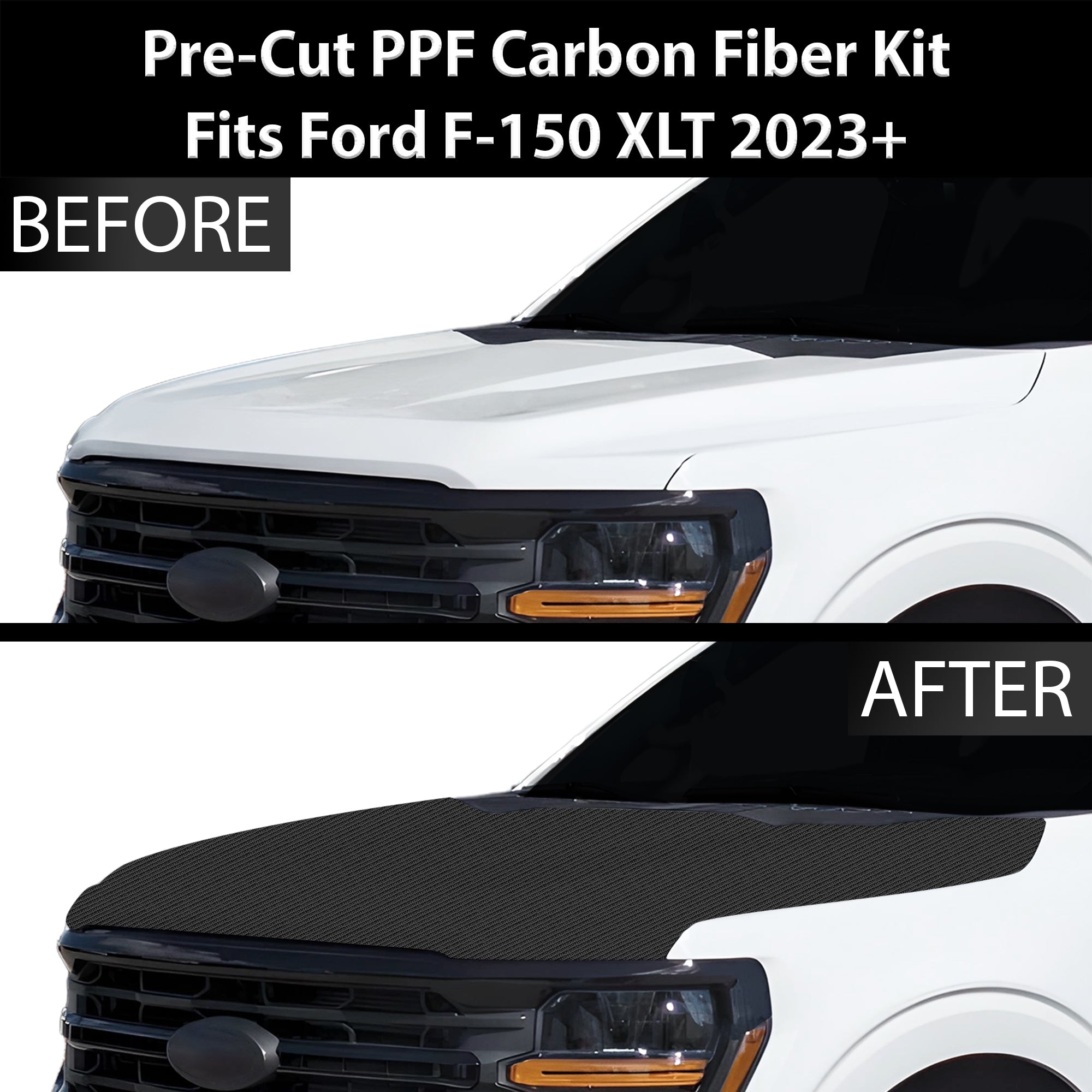 Fits Ford F-150 2021+ Precut Premium Gloss Black Carbon Fiber Hood Paint Protection Film PPF Decal Film Kit Cover - 0