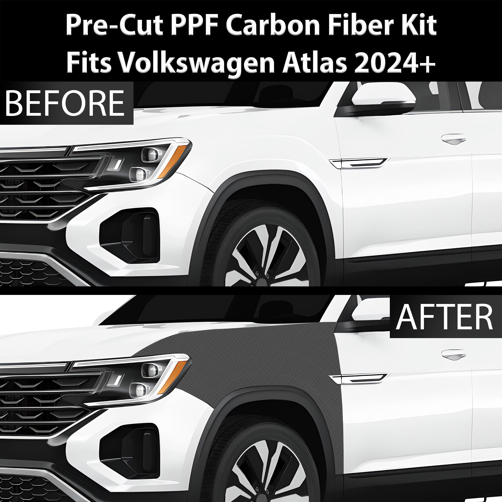 Fits Volkswagen Atlas 2024+ Precut Premium Gloss Black Carbon Fiber Fender Paint Protection Film PPF Decal Film Kit Cover - 0
