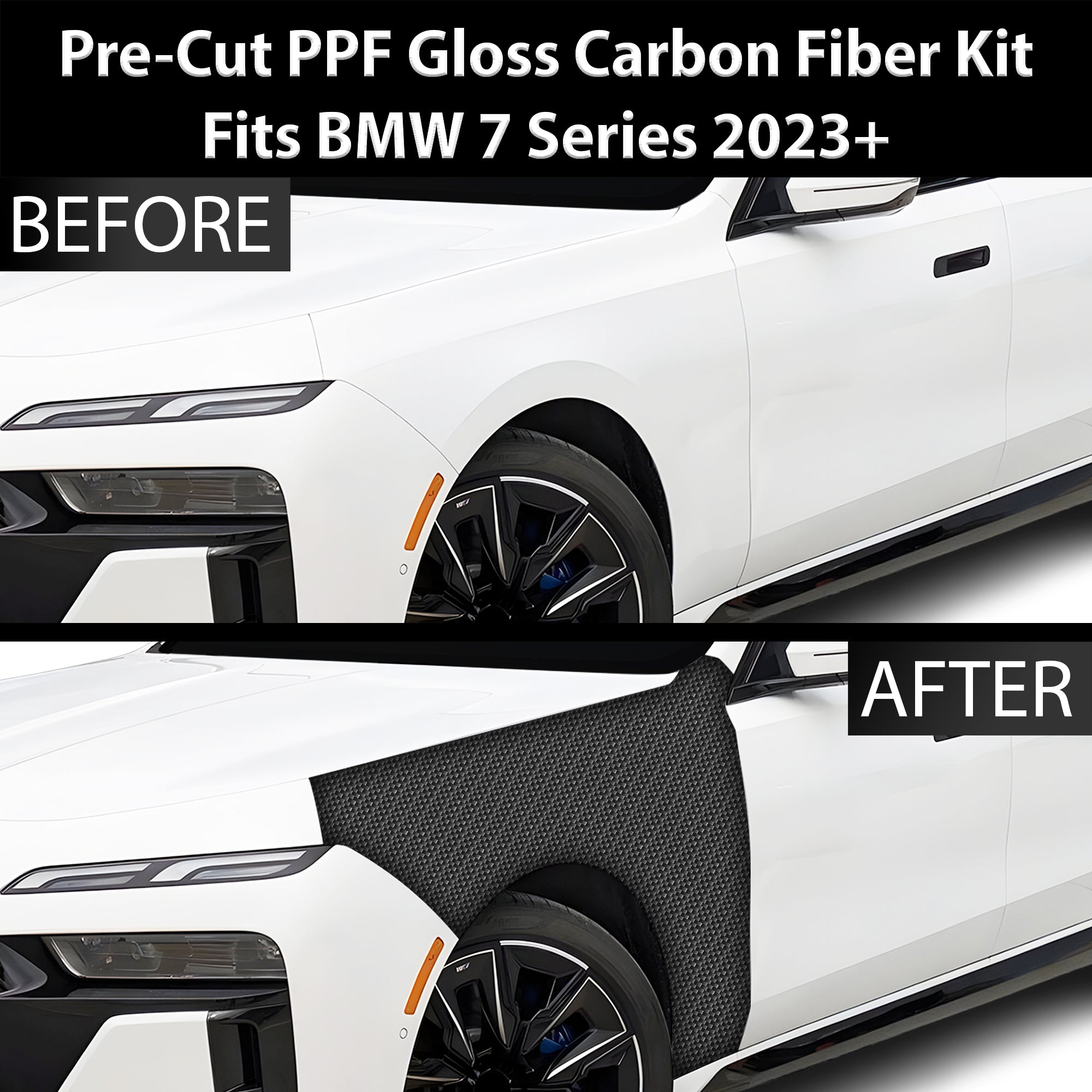 Fits BMW i7 7 Series 2023+ Precut Premium Gloss Black Carbon Fiber Fender Paint Protection Film PPF Decal Film Kit - 0