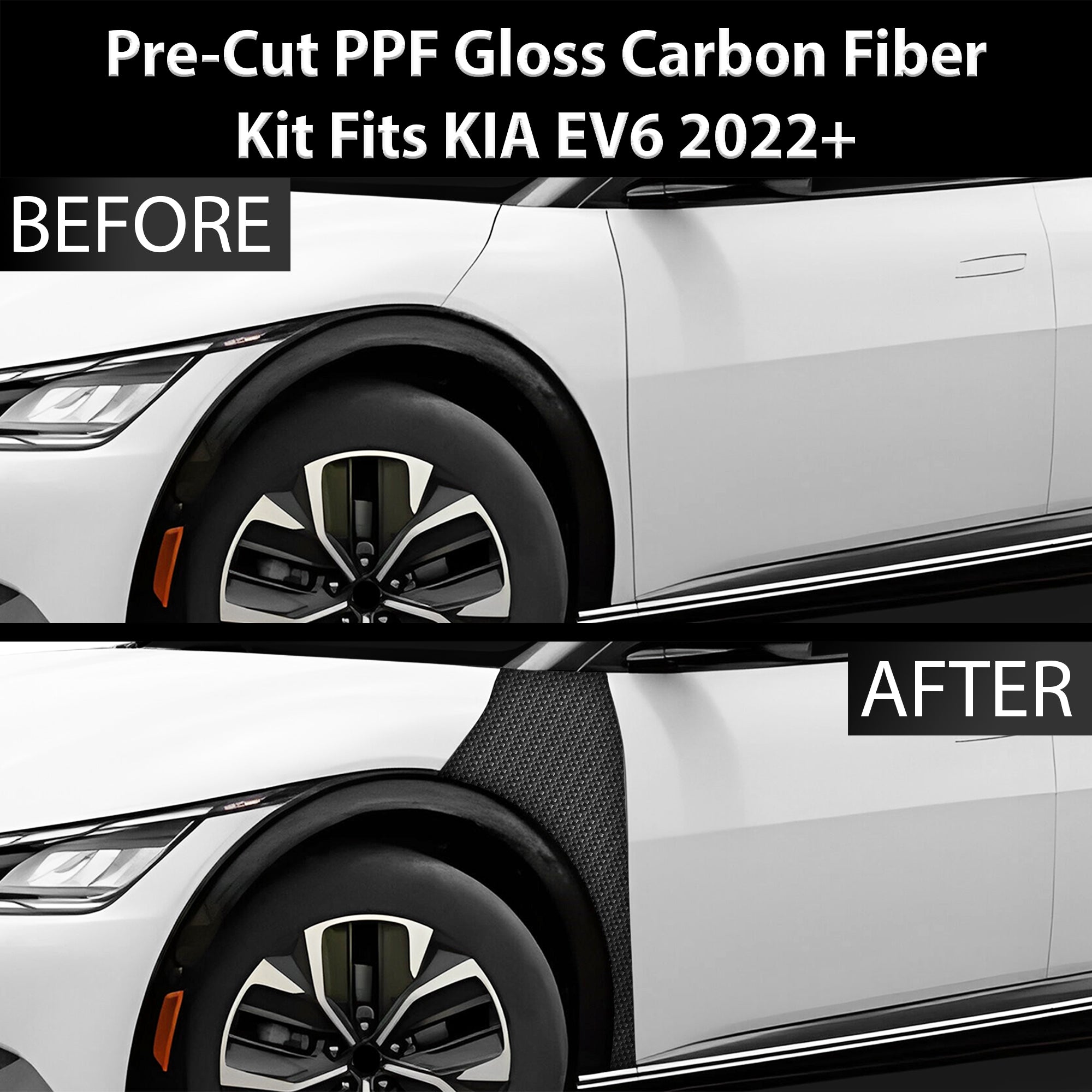 Fits KIA EV6 2022+ Precut Premium Gloss Black Carbon Fiber Fender Paint Protection Film PPF Decal Film Kit - 0