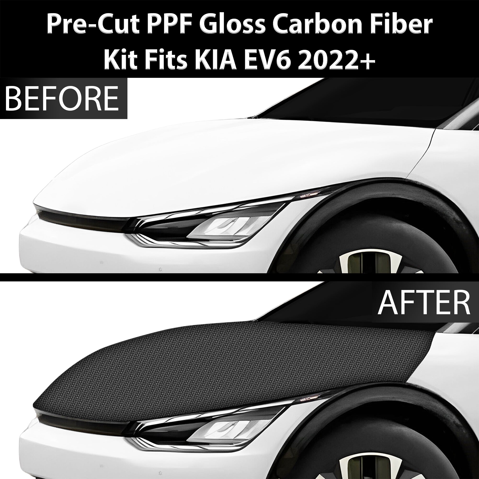 Fits KIA EV6 2022+ Precut Premium Gloss Black Carbon Fiber Hood Paint Protection Film PPF Decal Film Kit - 0