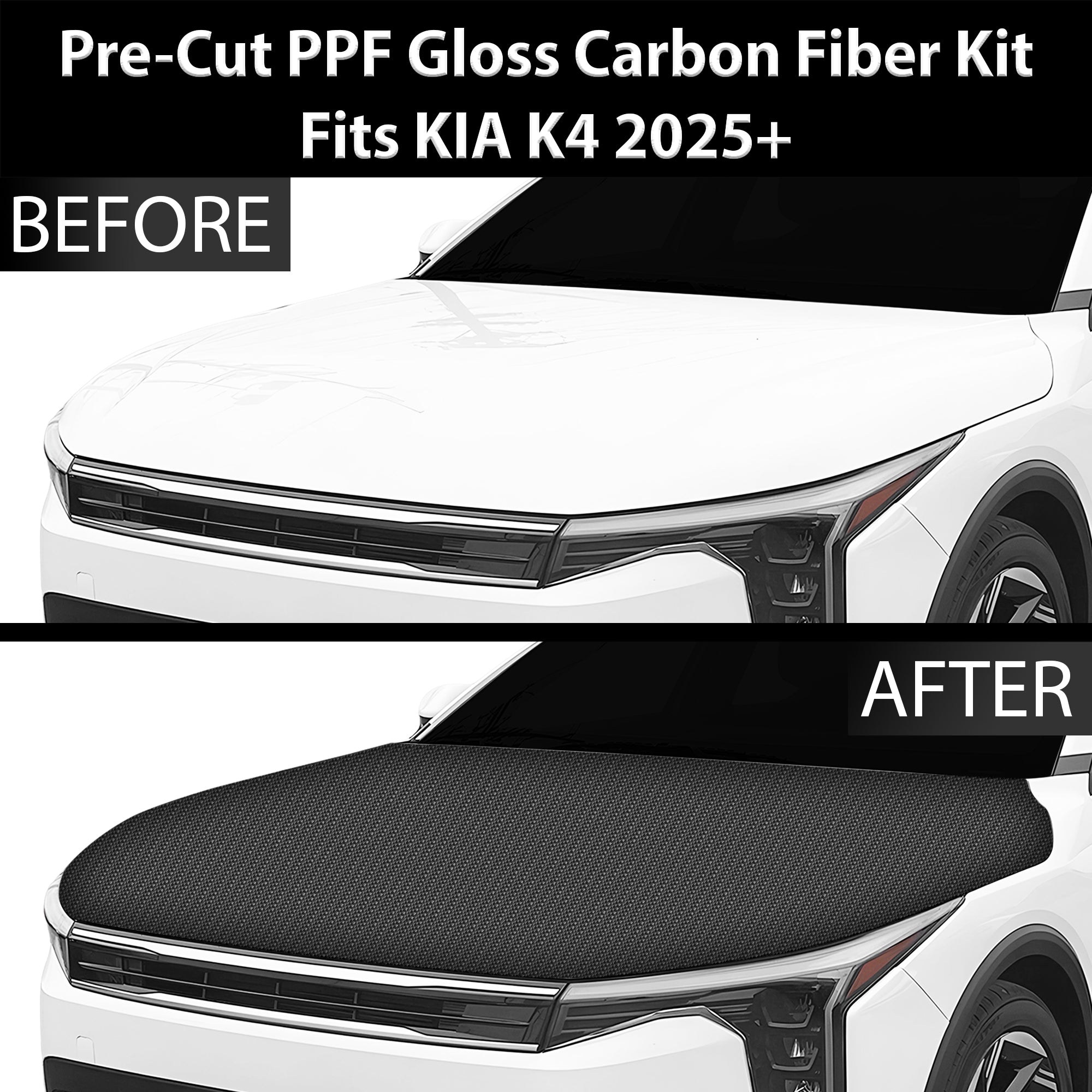 Fits KIA K4 2025+ Precut Premium Gloss Black Carbon Fiber Hood Paint Protection Film PPF Decal Film Kit - 0