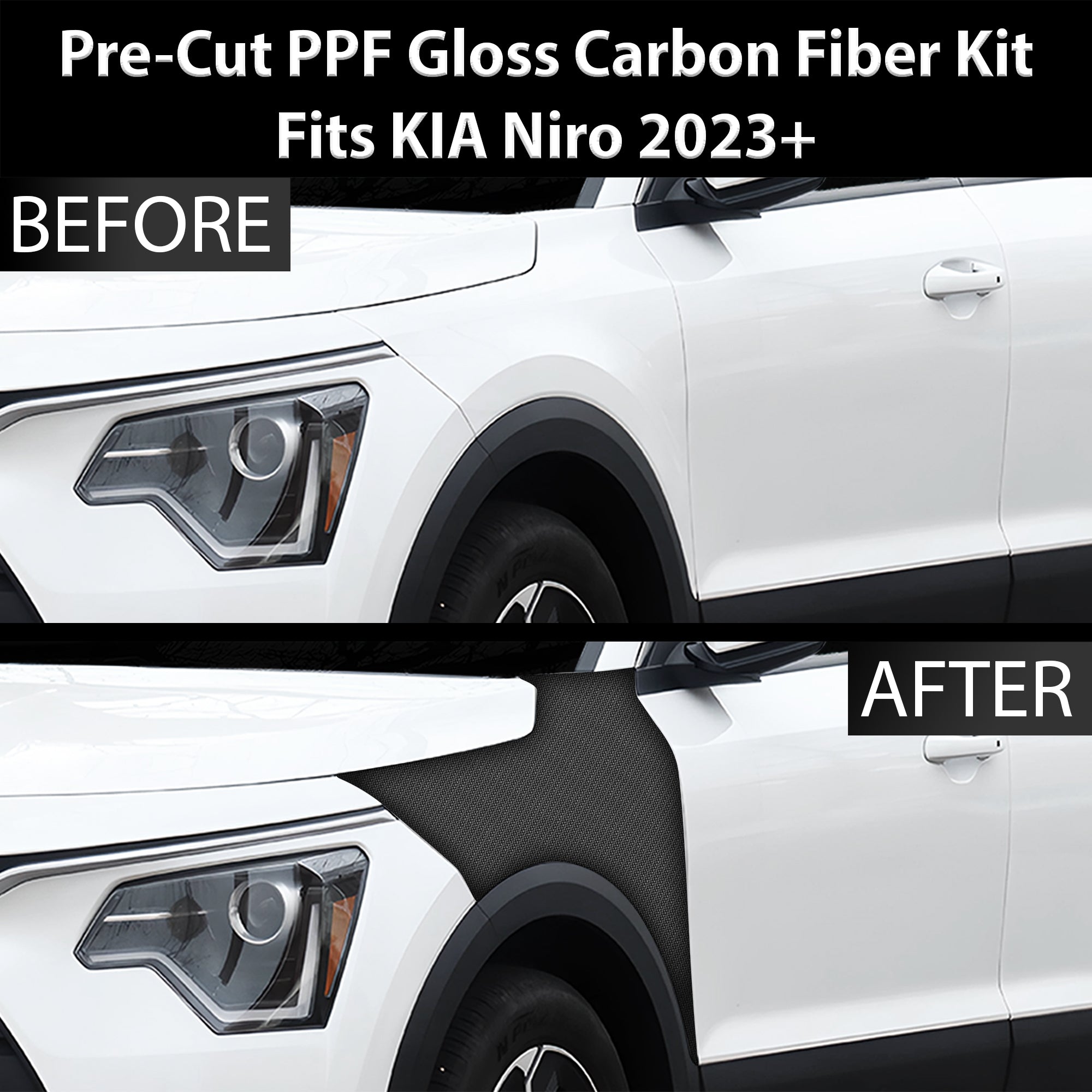 Fits KIA Niro 2023+ Precut Premium Gloss Black Carbon Fiber Fender Paint Protection Film PPF Decal Film Kit - 0
