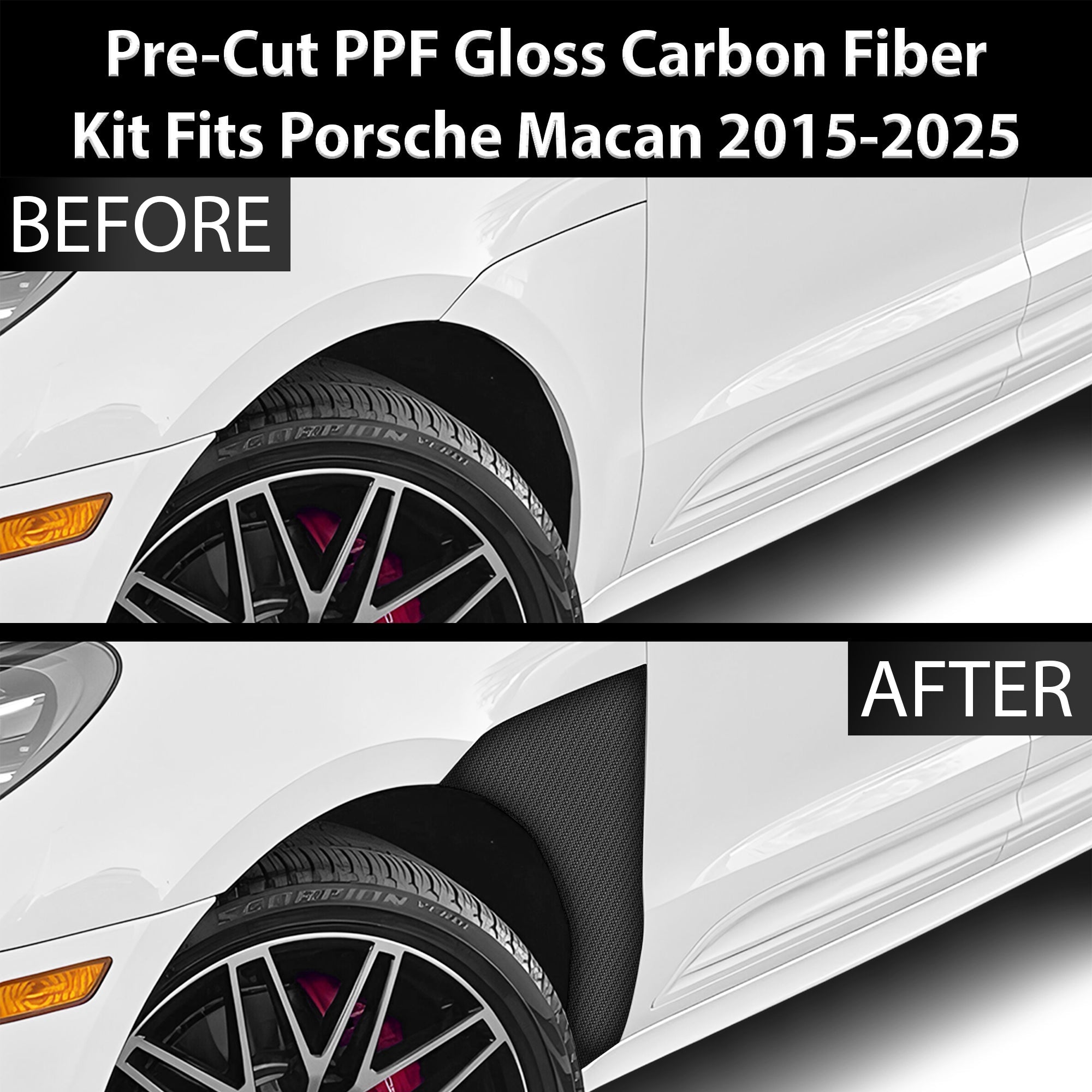 Fits Porsche Macan 2015-2025 Precut Premium Gloss Black Carbon Fiber Fender Paint Protection Film PPF Decal Film Kit - 0