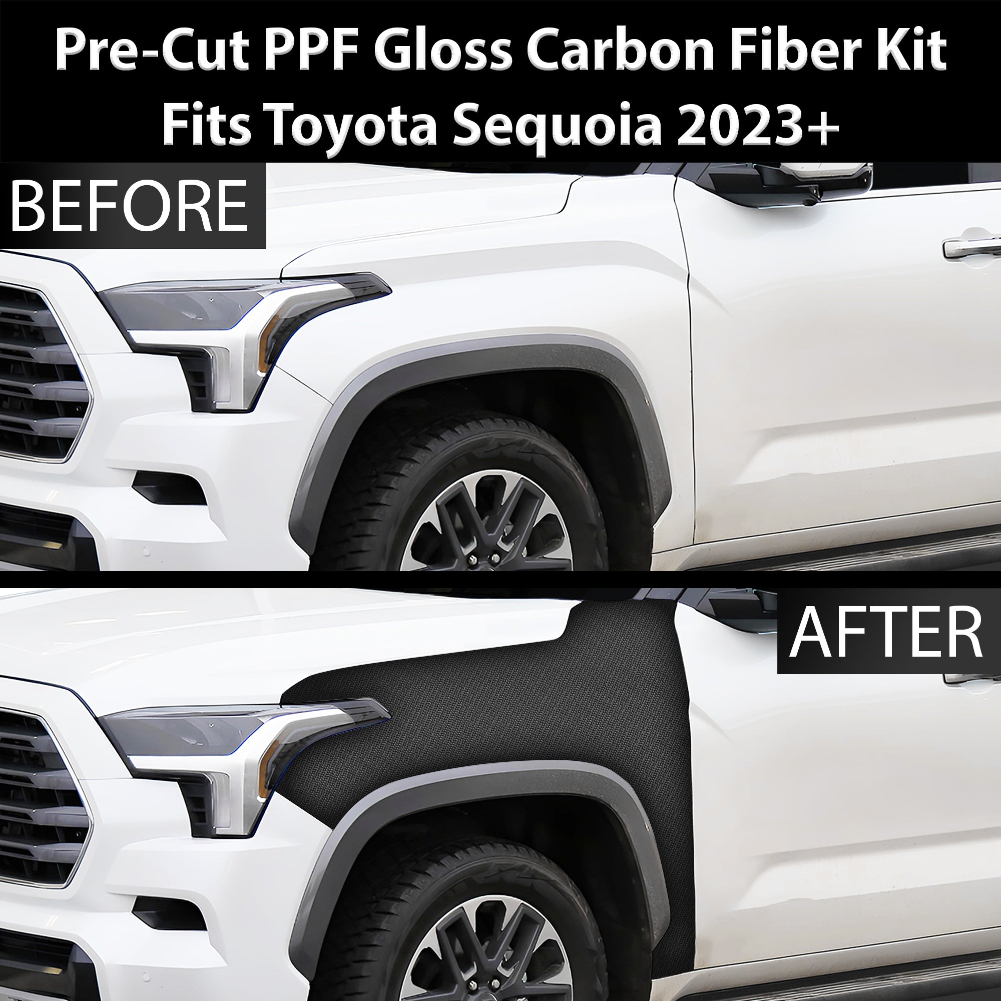 Fits Toyota Sequoia 2023+ Precut Premium Gloss Black Carbon Fiber Fender Paint Protection Film PPF Decal Film Kit - 0