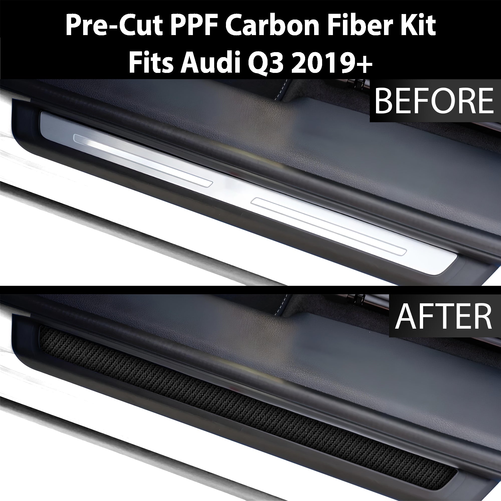 Fits Audi Q3 2019+ Precut Door Sill Premium Paint Protection Film PPF Decal Film Kit Cover, Gloss Black Carbon Fiber - 0